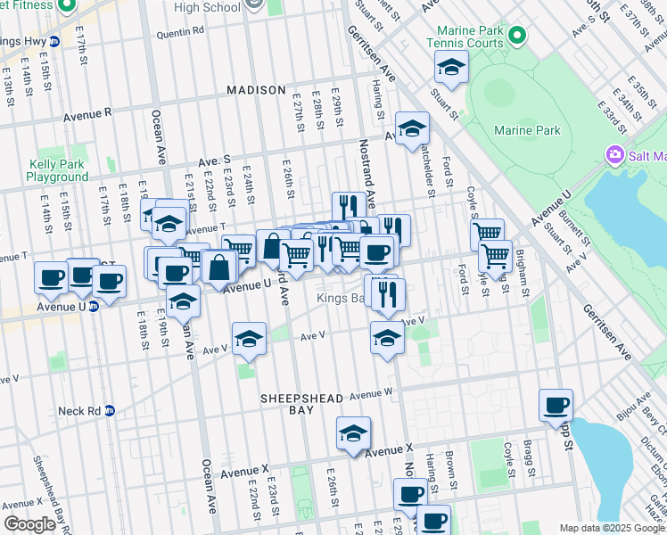 map of restaurants, bars, coffee shops, grocery stores, and more near 2817 Avenue U in Brooklyn