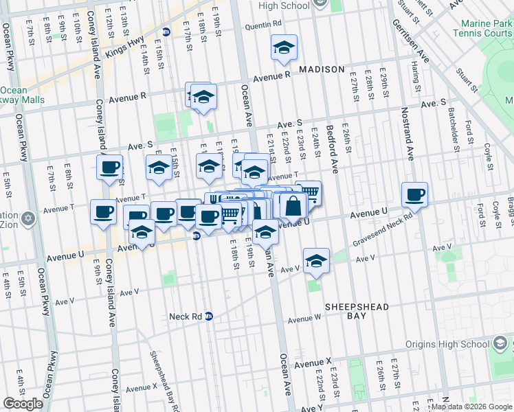 map of restaurants, bars, coffee shops, grocery stores, and more near 2499 Ocean Avenue in Brooklyn