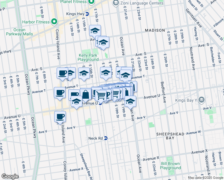 map of restaurants, bars, coffee shops, grocery stores, and more near 2033 East 17th Street in Brooklyn