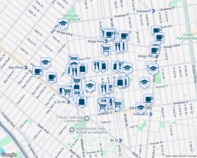 map of restaurants, bars, coffee shops, grocery stores, and more near 112 Avenue S in Brooklyn