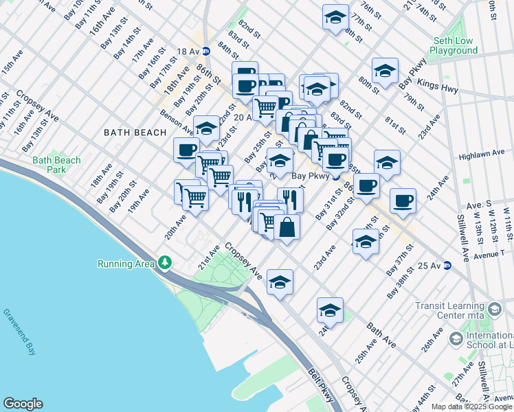 map of restaurants, bars, coffee shops, grocery stores, and more near 120 Bay 28th Street in Brooklyn