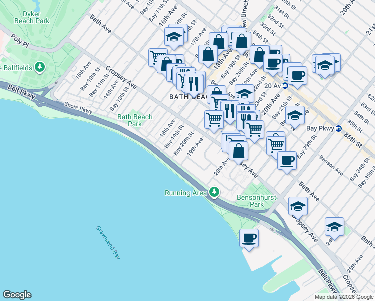 map of restaurants, bars, coffee shops, grocery stores, and more near 293 Bay 20th Street in Brooklyn