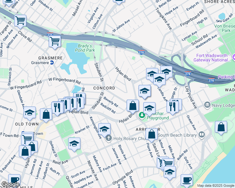 map of restaurants, bars, coffee shops, grocery stores, and more near 38 Pouch Terrace in Staten Island