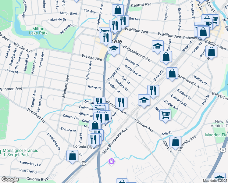 map of restaurants, bars, coffee shops, grocery stores, and more near 606 Bryant Street in Rahway