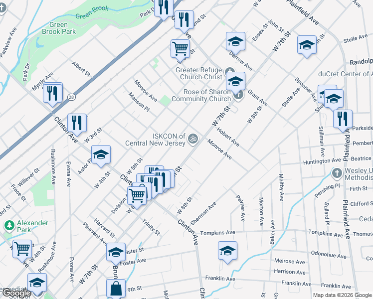 map of restaurants, bars, coffee shops, grocery stores, and more near 1020 West 7th Street in Plainfield