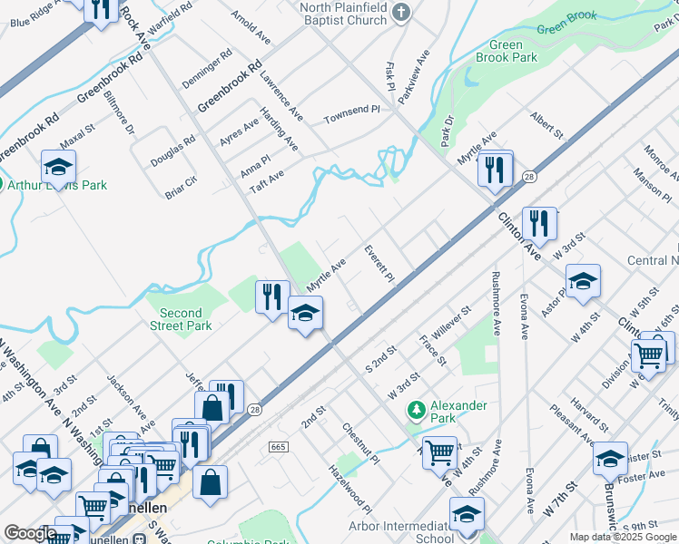 map of restaurants, bars, coffee shops, grocery stores, and more near 1626-28 Myrtle Avenue in Plainfield