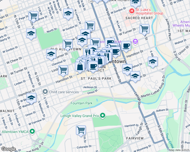 map of restaurants, bars, coffee shops, grocery stores, and more near 824 West Maple Street in Allentown