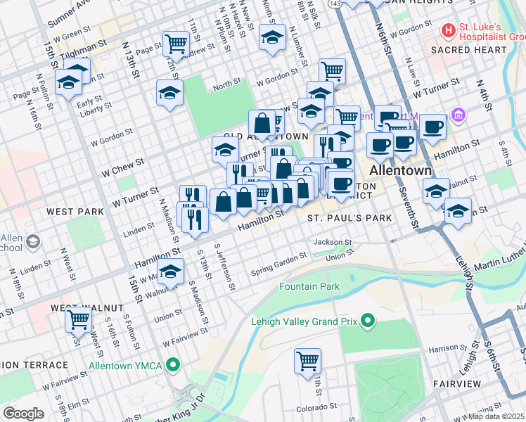 map of restaurants, bars, coffee shops, grocery stores, and more near 19 11th Street in Allentown