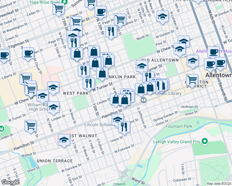 map of restaurants, bars, coffee shops, grocery stores, and more near 118 North Madison Street in Allentown