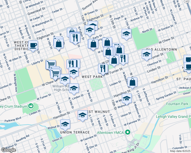 map of restaurants, bars, coffee shops, grocery stores, and more near 1525 West Turner Street in Allentown