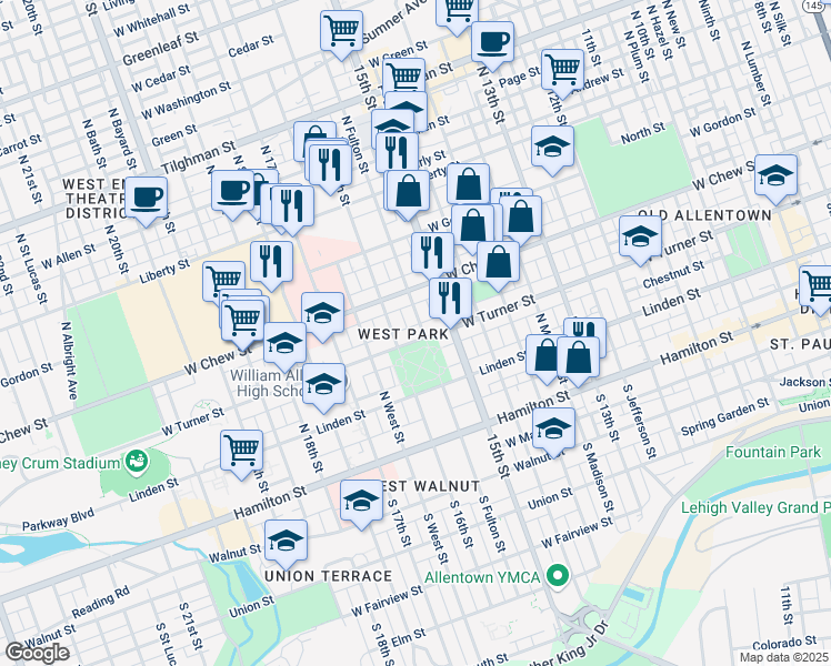 map of restaurants, bars, coffee shops, grocery stores, and more near 1525 West Turner Street in Allentown