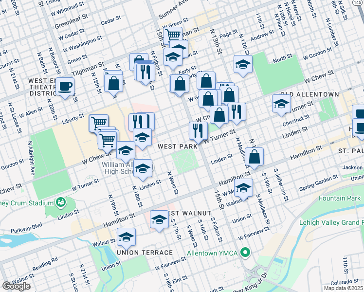 map of restaurants, bars, coffee shops, grocery stores, and more near 1525 West Turner Street in Allentown