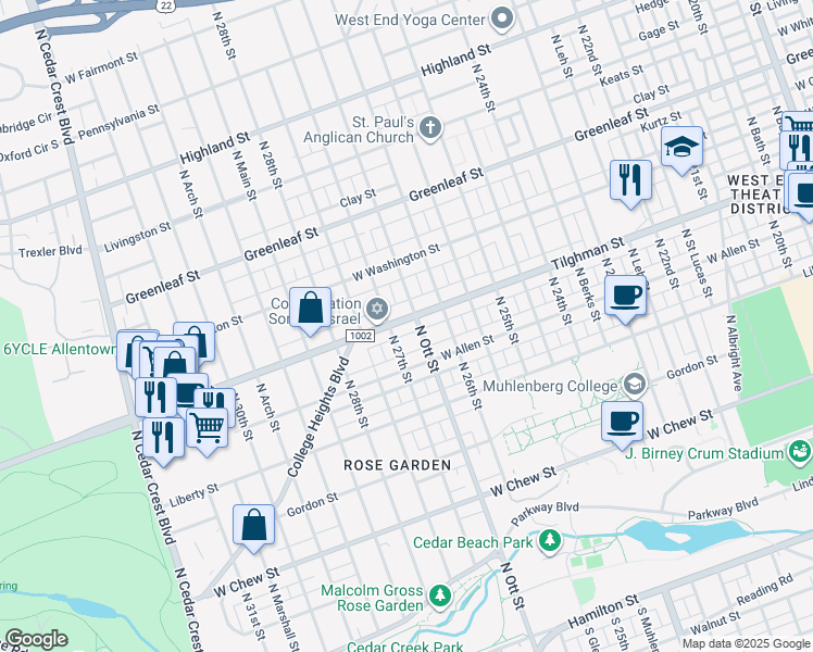 map of restaurants, bars, coffee shops, grocery stores, and more near 2652 Tilghman Street in Allentown