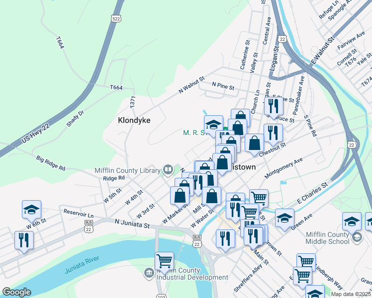 map of restaurants, bars, coffee shops, grocery stores, and more near 107 Academy Hill in Lewistown