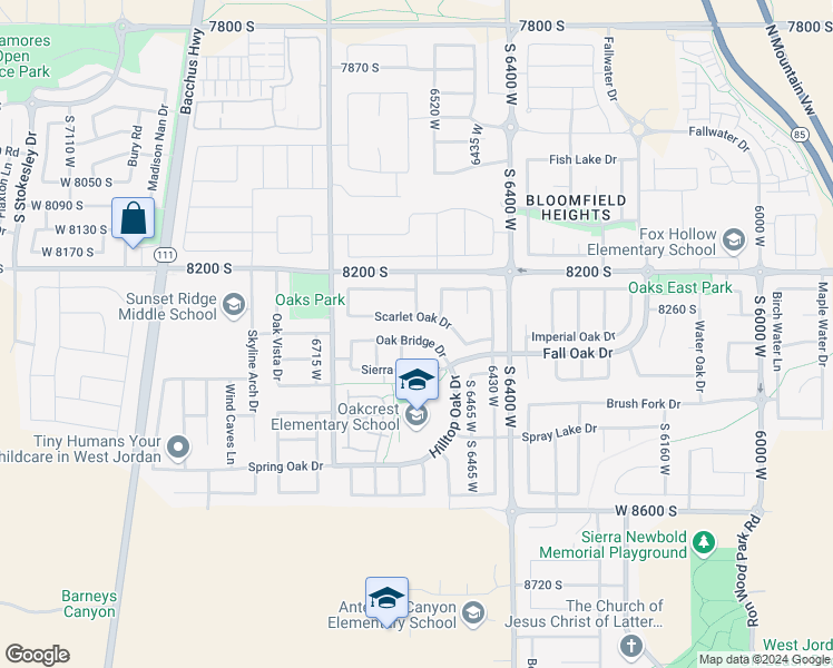 map of restaurants, bars, coffee shops, grocery stores, and more near 6556 Oak Bridge Drive in West Jordan