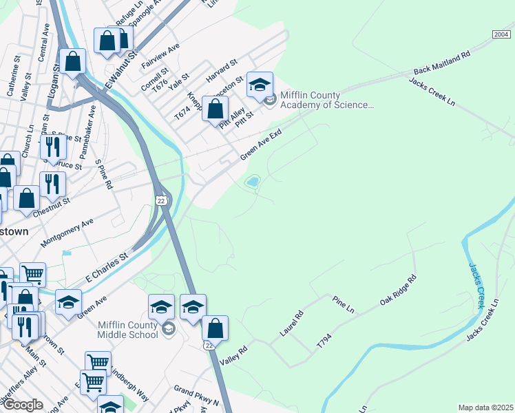 map of restaurants, bars, coffee shops, grocery stores, and more near 157 Cambridge Lane in Lewistown