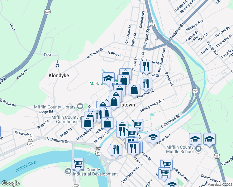 map of restaurants, bars, coffee shops, grocery stores, and more near 212 East 3rd Street in Lewistown