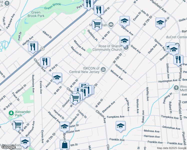 map of restaurants, bars, coffee shops, grocery stores, and more near 1051 West 6th Street in Plainfield