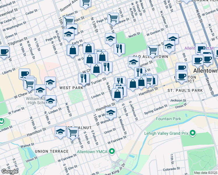 map of restaurants, bars, coffee shops, grocery stores, and more near 118 North Madison Street in Allentown
