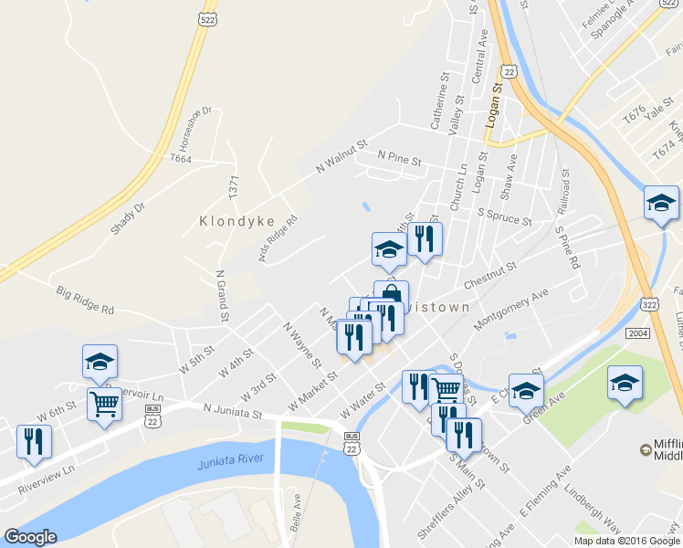map of restaurants, bars, coffee shops, grocery stores, and more near 63 Academy Hill in Lewistown