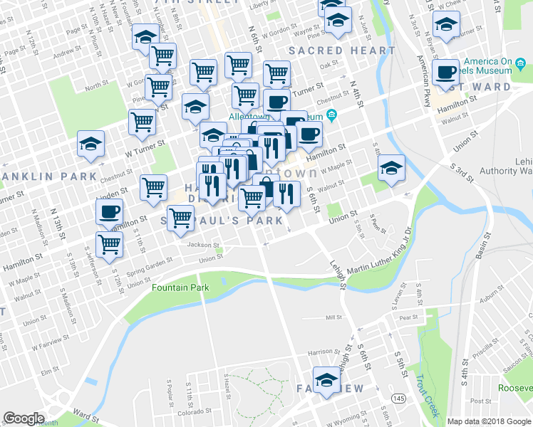 map of restaurants, bars, coffee shops, grocery stores, and more near 724 W Walnut St in Allentown