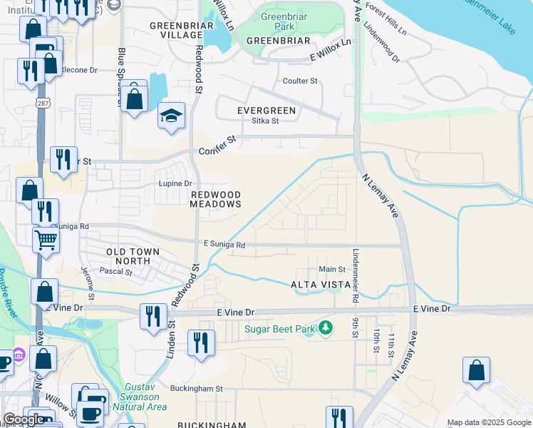 map of restaurants, bars, coffee shops, grocery stores, and more near 808 Schlagel Street in Fort Collins