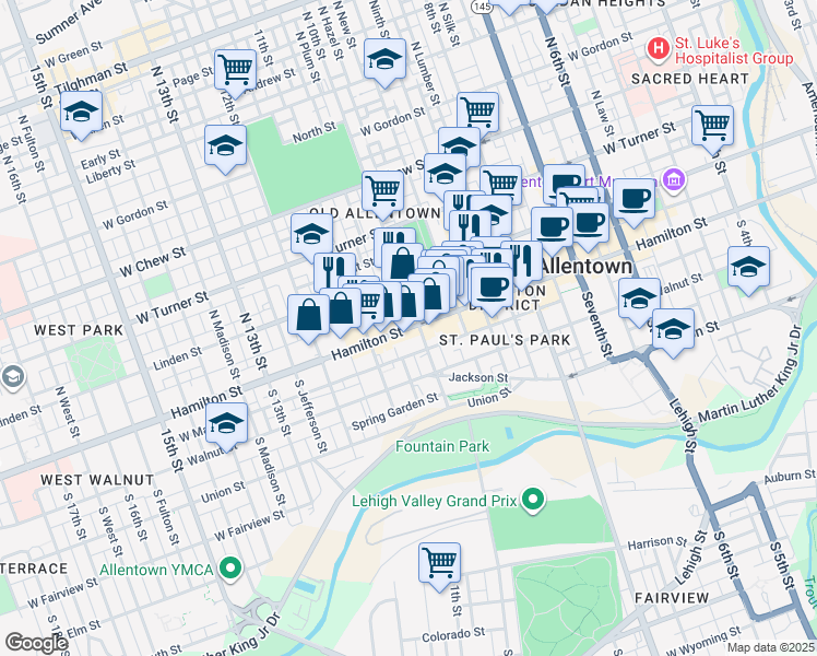 map of restaurants, bars, coffee shops, grocery stores, and more near 1009 Hamilton Street in Allentown