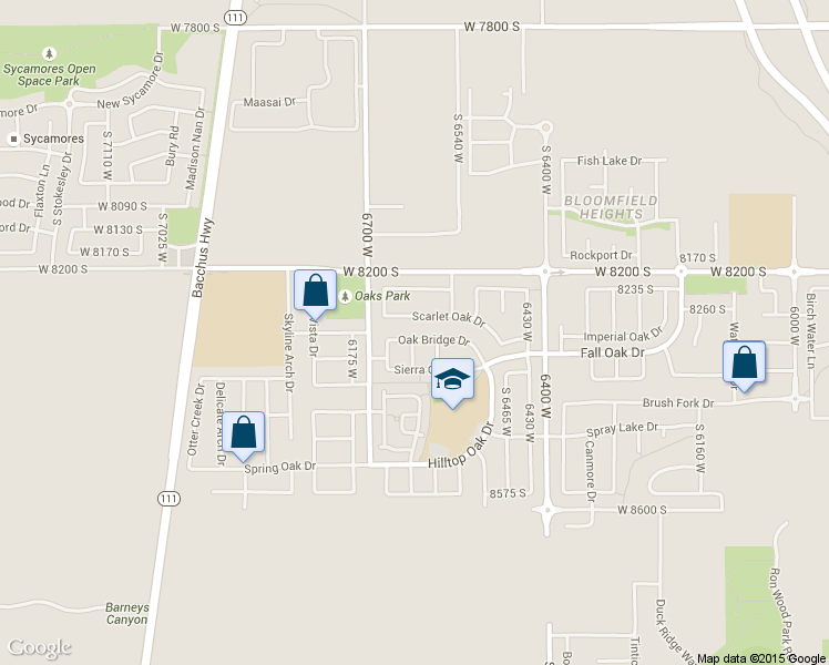 map of restaurants, bars, coffee shops, grocery stores, and more near 6616 Oak Bridge Drive in West Jordan