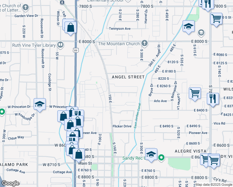 map of restaurants, bars, coffee shops, grocery stores, and more near 190 East Julie Anna Drive in Sandy