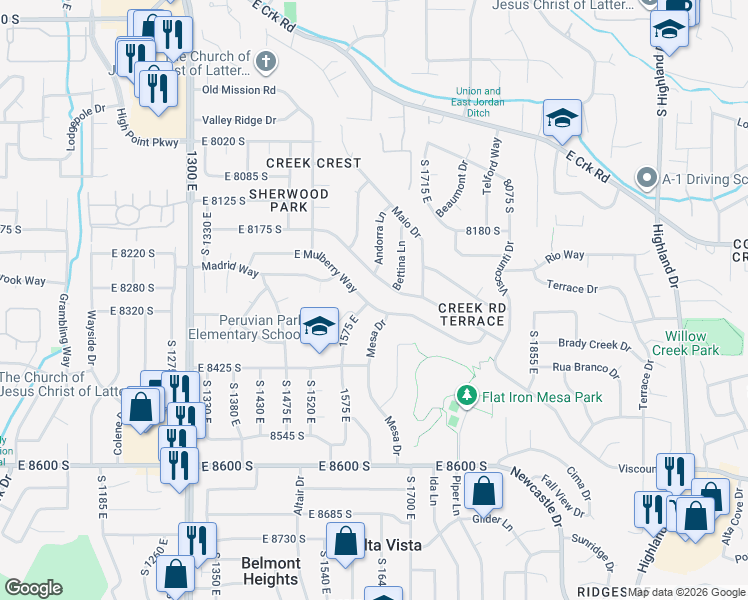map of restaurants, bars, coffee shops, grocery stores, and more near 1627 East Mulberry Way in Sandy