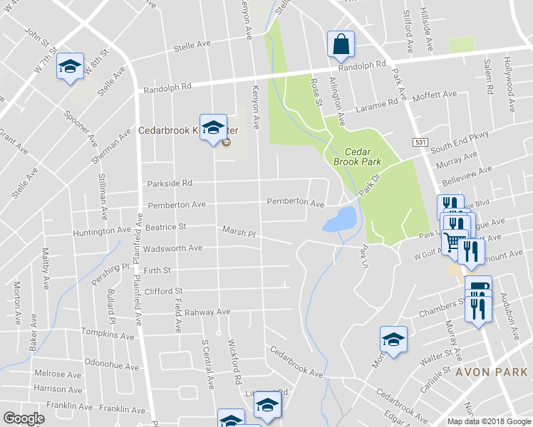 map of restaurants, bars, coffee shops, grocery stores, and more near 1211 Kenyon Avenue in Plainfield