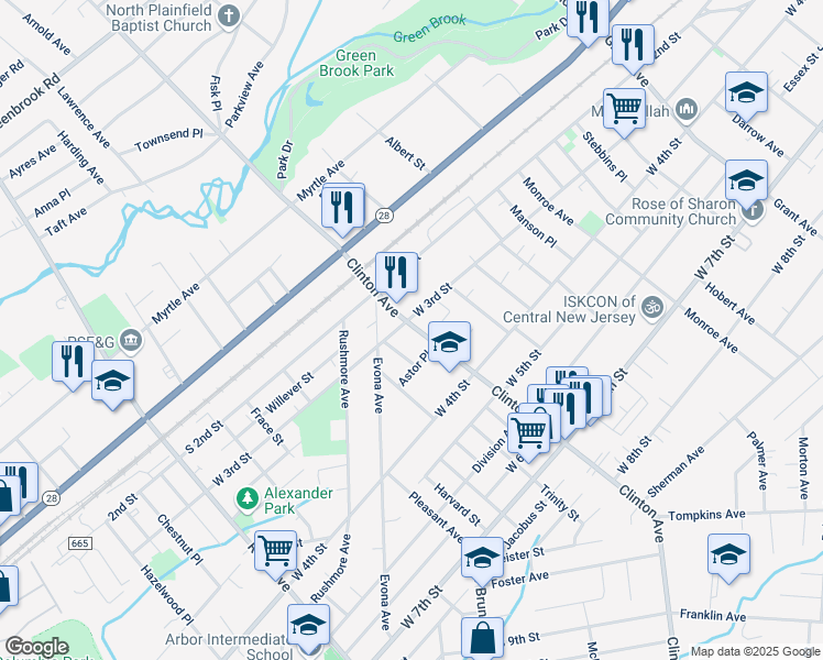 map of restaurants, bars, coffee shops, grocery stores, and more near 306 Clinton Avenue in Plainfield