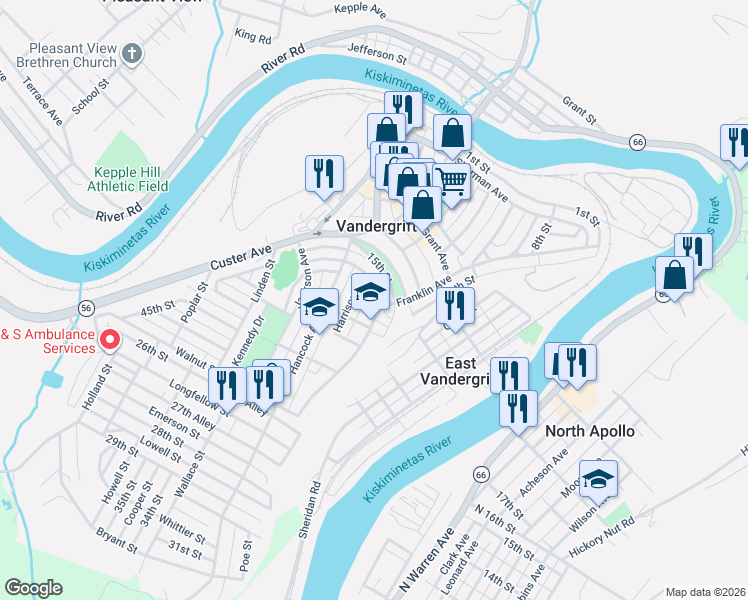 map of restaurants, bars, coffee shops, grocery stores, and more near 131 East Adams Avenue in Vandergrift