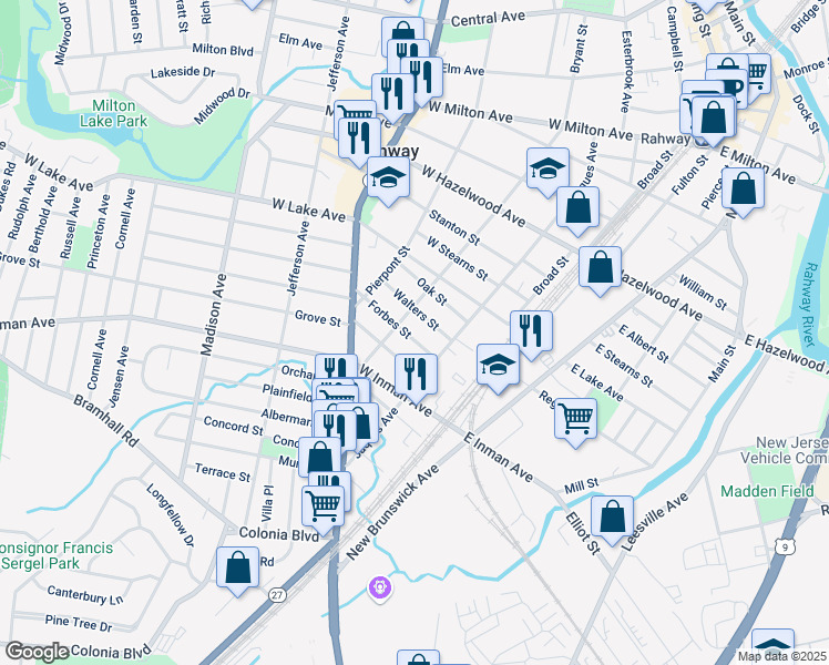map of restaurants, bars, coffee shops, grocery stores, and more near 173 Forbes Street in Rahway