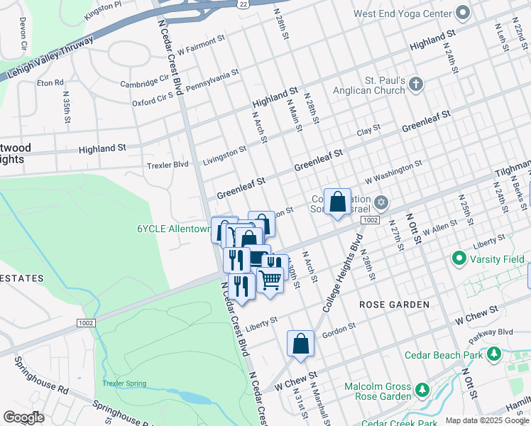 map of restaurants, bars, coffee shops, grocery stores, and more near 806 North 30th Street in Allentown