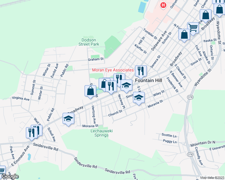 map of restaurants, bars, coffee shops, grocery stores, and more near 1319 Church Alley in Fountain Hill