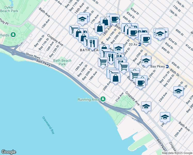 map of restaurants, bars, coffee shops, grocery stores, and more near 260 Bay 22nd Street in Brooklyn