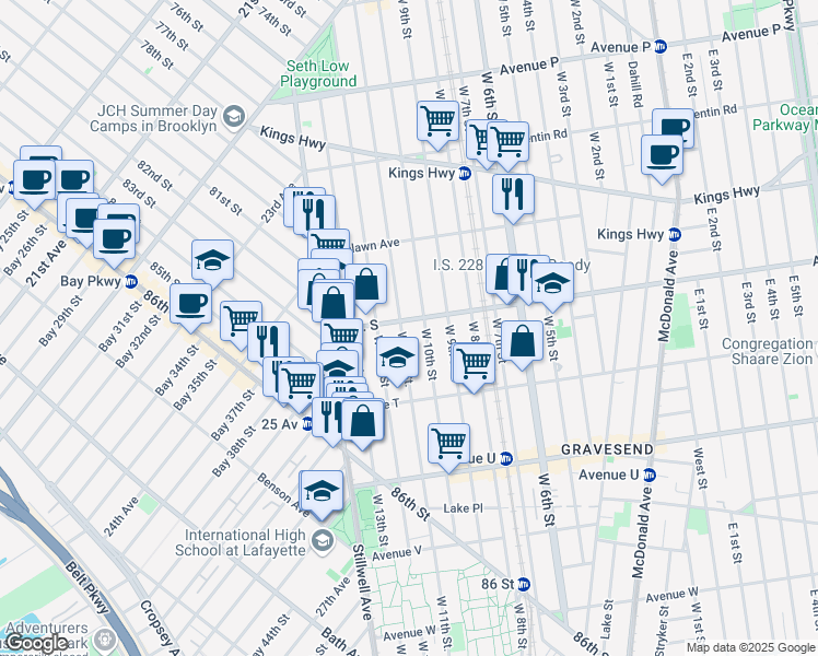 map of restaurants, bars, coffee shops, grocery stores, and more near 80 Avenue S in Brooklyn