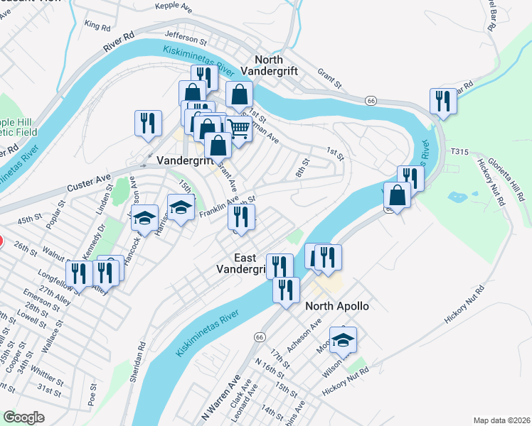 map of restaurants, bars, coffee shops, grocery stores, and more near 217 Quay Street in Vandergrift