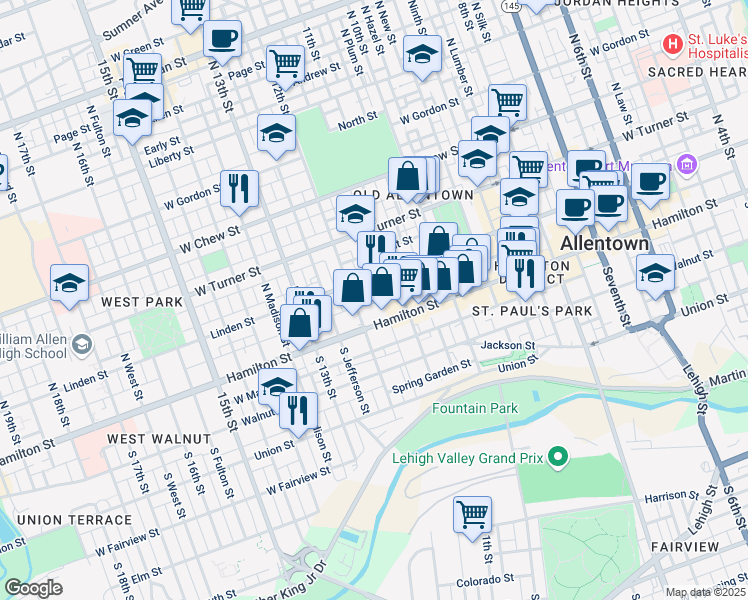 map of restaurants, bars, coffee shops, grocery stores, and more near 1133 West Court Street in Allentown