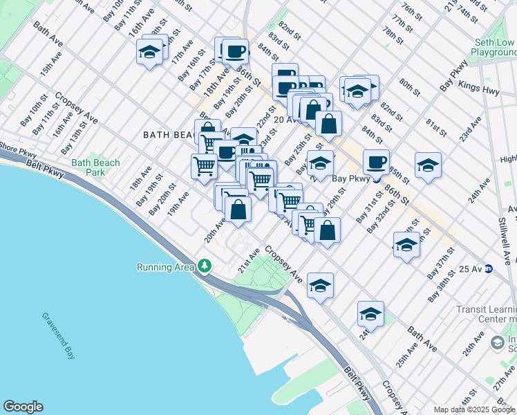 map of restaurants, bars, coffee shops, grocery stores, and more near 179 Bay 25th Street in Brooklyn