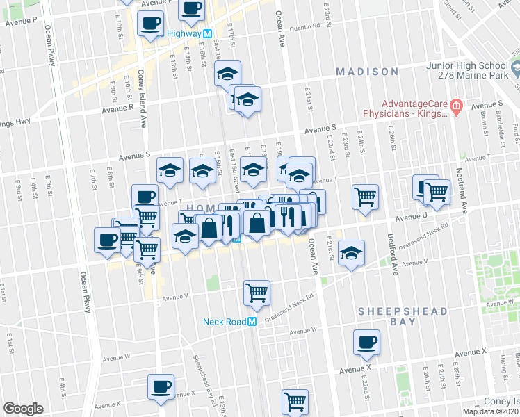 map of restaurants, bars, coffee shops, grocery stores, and more near 2033 East 17th Street in Brooklyn