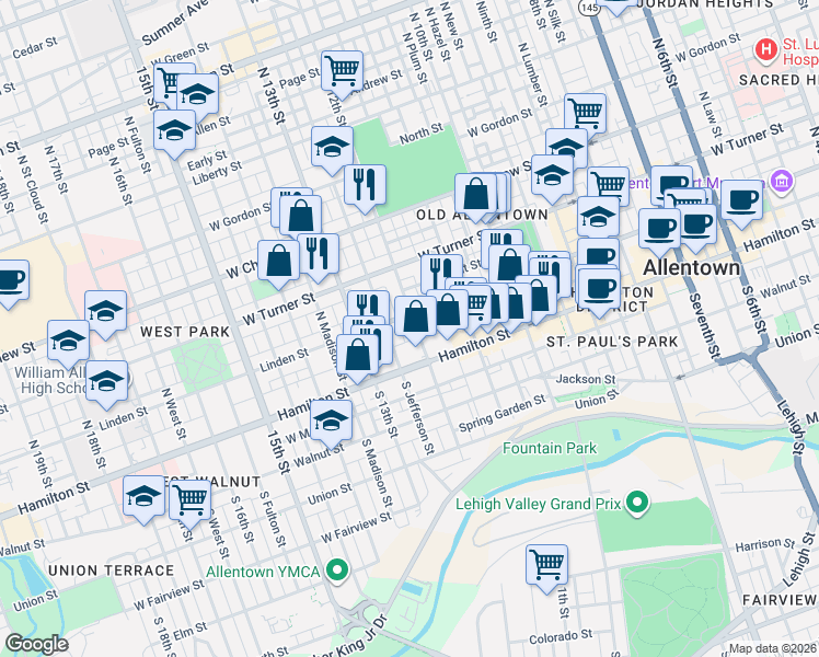 map of restaurants, bars, coffee shops, grocery stores, and more near in Allentown