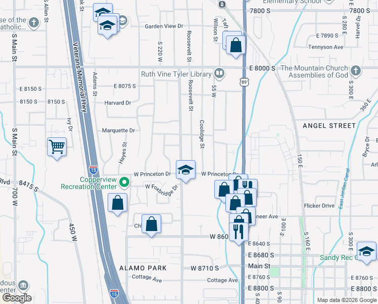 map of restaurants, bars, coffee shops, grocery stores, and more near 8298 Roosevelt Street in Midvale