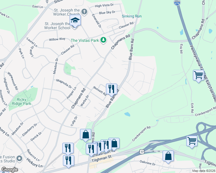 map of restaurants, bars, coffee shops, grocery stores, and more near 1417 Chippewa Drive in Allentown