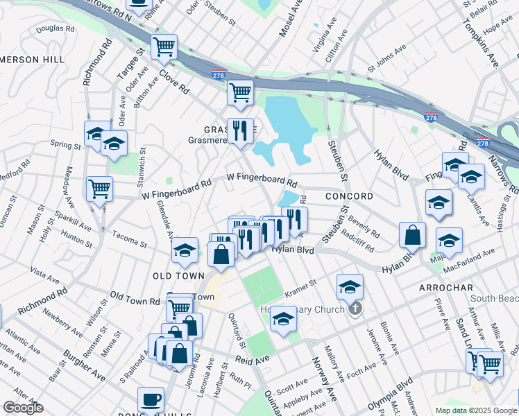 map of restaurants, bars, coffee shops, grocery stores, and more near 20 Leslie Avenue in Staten Island