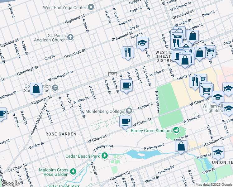 map of restaurants, bars, coffee shops, grocery stores, and more near 528 North Berks Street in Allentown