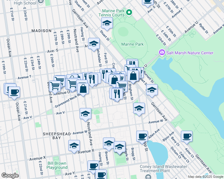 map of restaurants, bars, coffee shops, grocery stores, and more near 2113 Ford Street in Brooklyn
