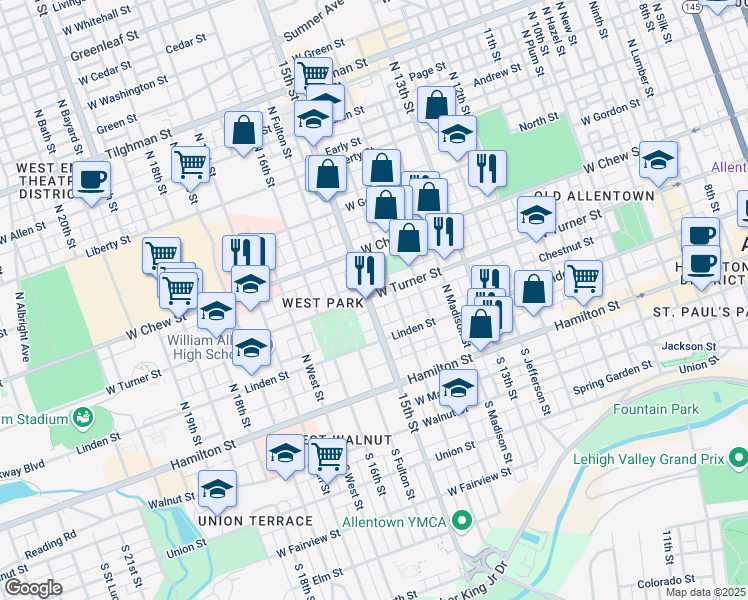 map of restaurants, bars, coffee shops, grocery stores, and more near 137 North 15th Street in Allentown