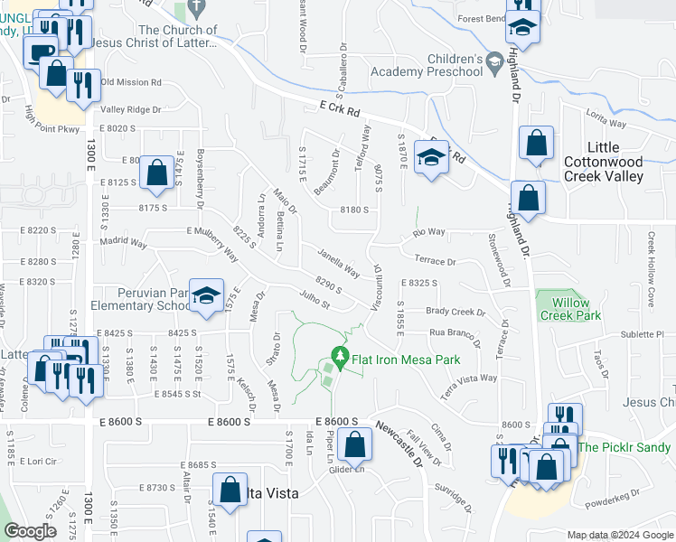 map of restaurants, bars, coffee shops, grocery stores, and more near 1758 Janella Way in Sandy